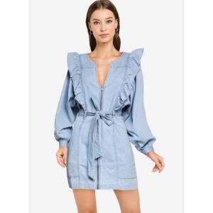Free People Chambray Cotton Denim Mini Dress Belted Blue Front Zip Ruffles SZ XS